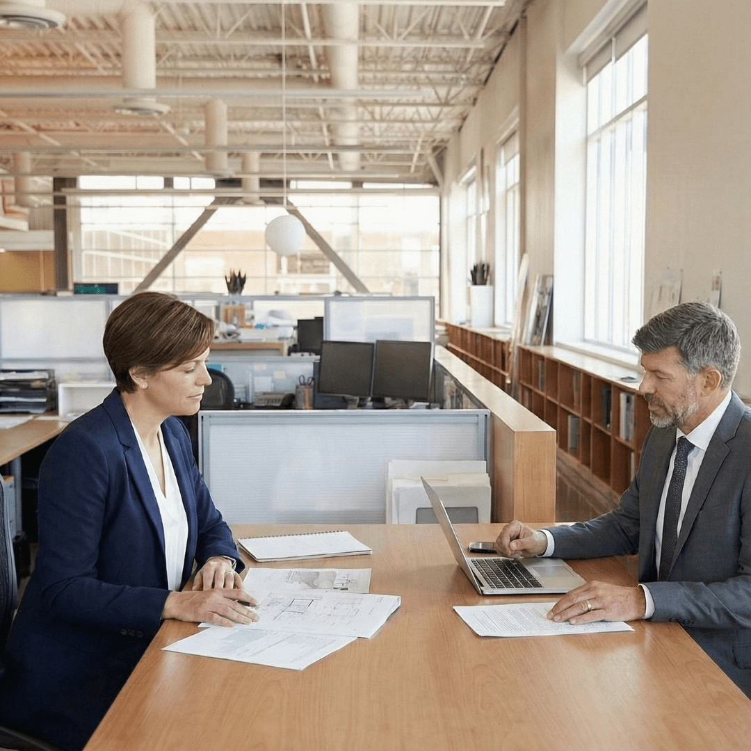 Dos compañeros (hombre y mujer) hablando en una oficina