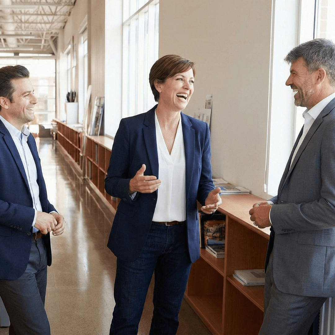 3 personas (1 mujer y 2 hombres) hablando sonriendo distendidamente en una oficina